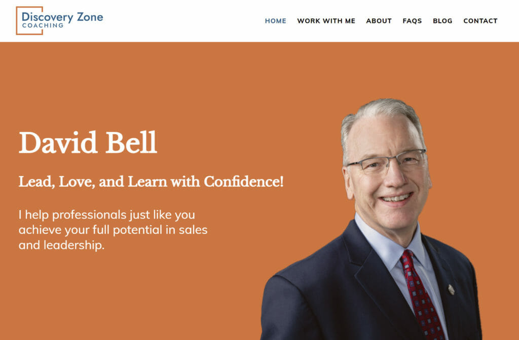 Discovery Zone Coaching Home Page above the fold screenshot with picture of David Bell.