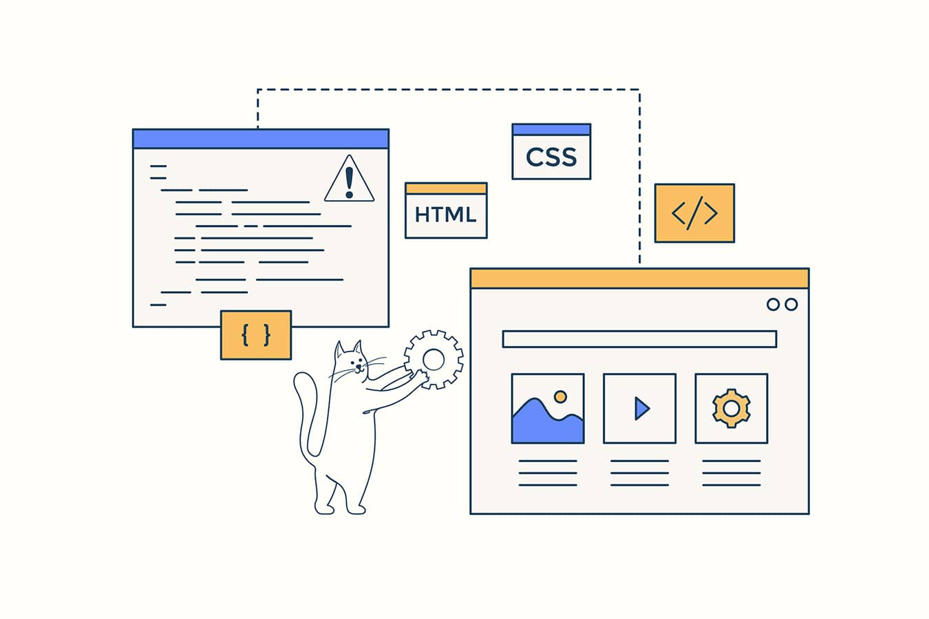 website-maintenance-why-its-necessary-after-development-150px | TEMPORA Illustration of a cat holding a gear icon, navigating web development elements. Code windows labeled HTML and CSS, along with symbols for settings, alerts, and maintenance are connected by dashed lines, representing coding and design processes.
