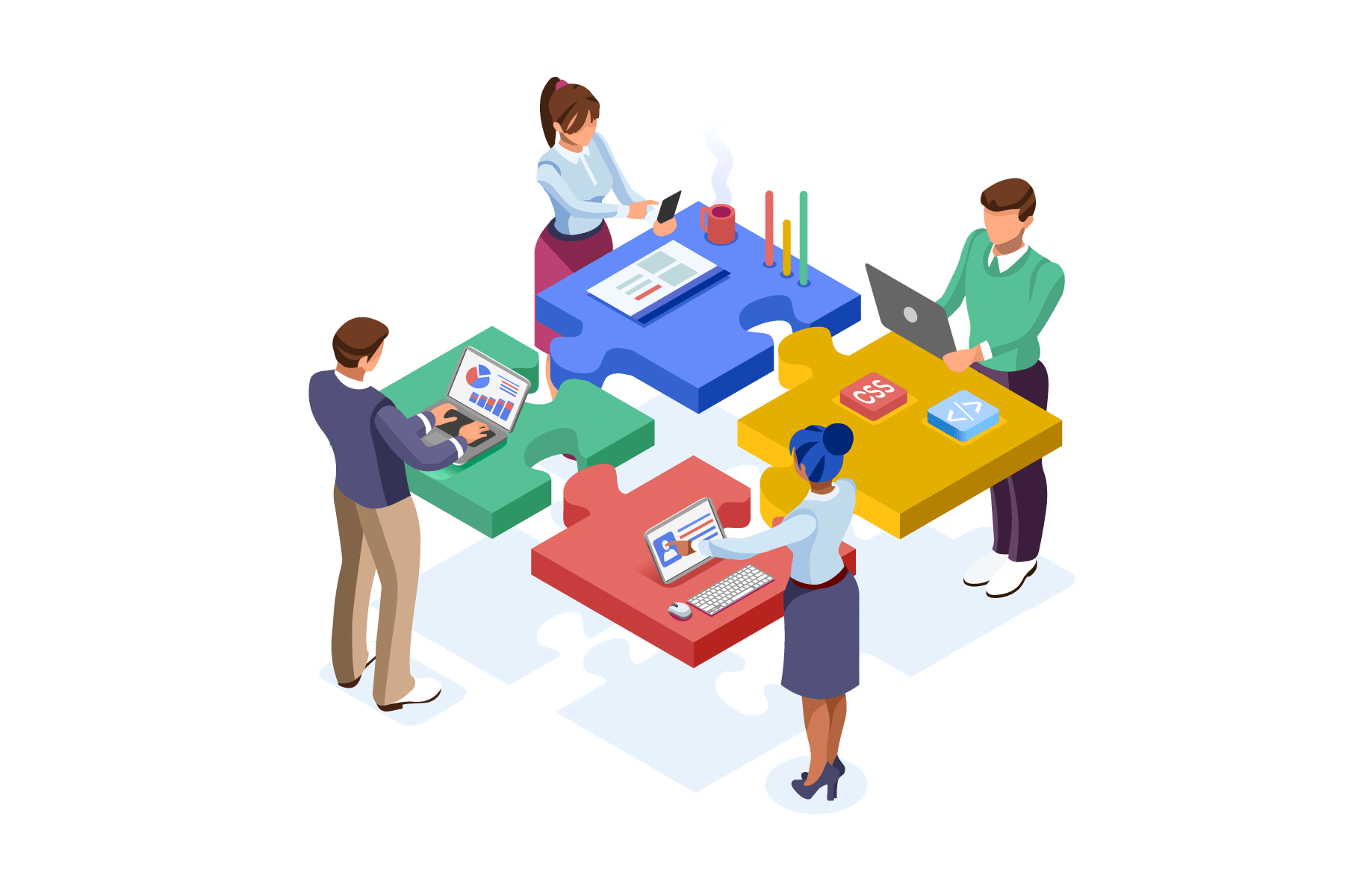 Isometric illustration of four people interacting with puzzle pieces, each labeled with different skills: marketing, data analysis, CSS coding, and HTML. Theyre using laptops, a smartphone, and papers. Steam rises from a coffee cup nearby.