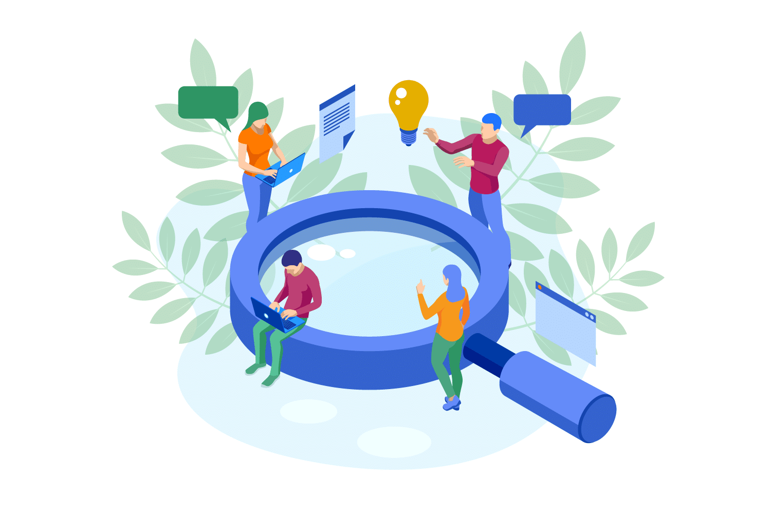 Illustration of four people interacting around a giant magnifying glass. Two are using laptops, one holds a smartphone, and another points to a floating lightbulb. Speech bubbles and leaves surround them, representing communication and ideas.