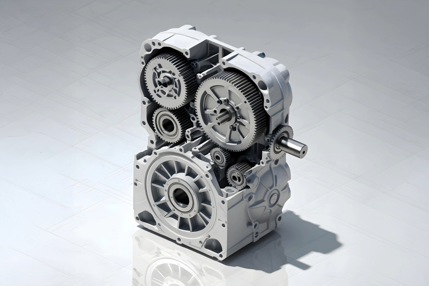 A silver mechanical gearbox with exposed gears and shafts, placed on a glossy white surface. The intricate gears and metal components are clearly visible, highlighting the engineering details of the machine part.